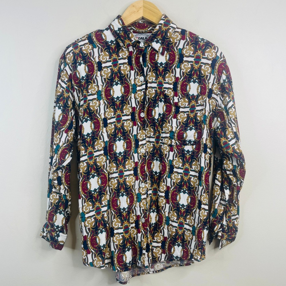 Vintage 80s Baroque Chain Print Top Womens Small Jewel Tone Retro Indie Career